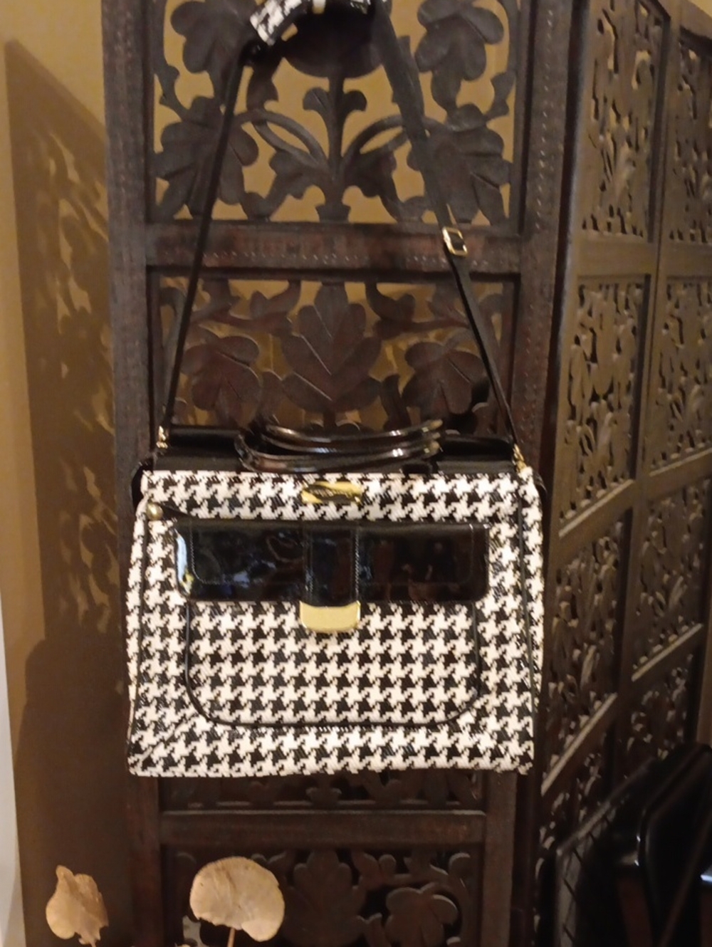 Black & White Houndstooth Vinyl Coated Satchel with Patent Trim